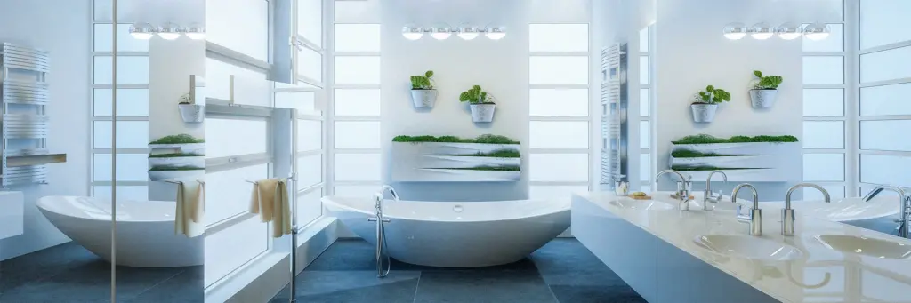 Modernes Badezimmer mit freistehender Badewanne und Waschtisch